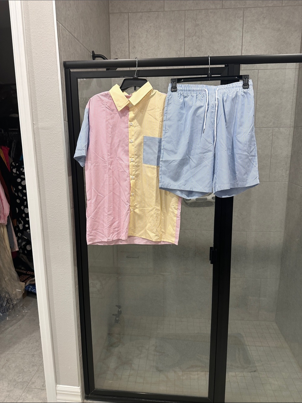 SHEIN Pastel Colorblock Short Sleeve Shirt with Light Blue Drawstring Shorts